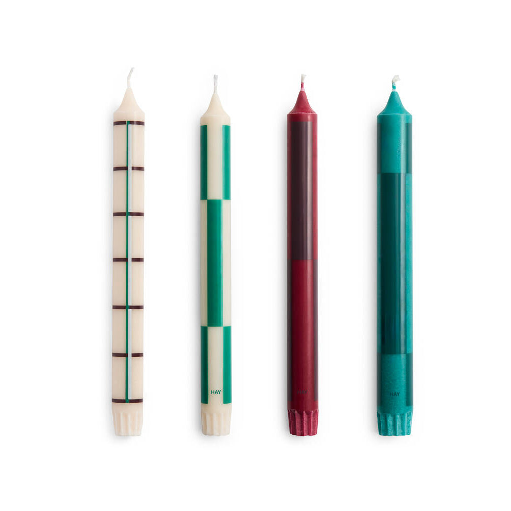 Pattern stearinlys, grøn/bordeaux - 4 stk